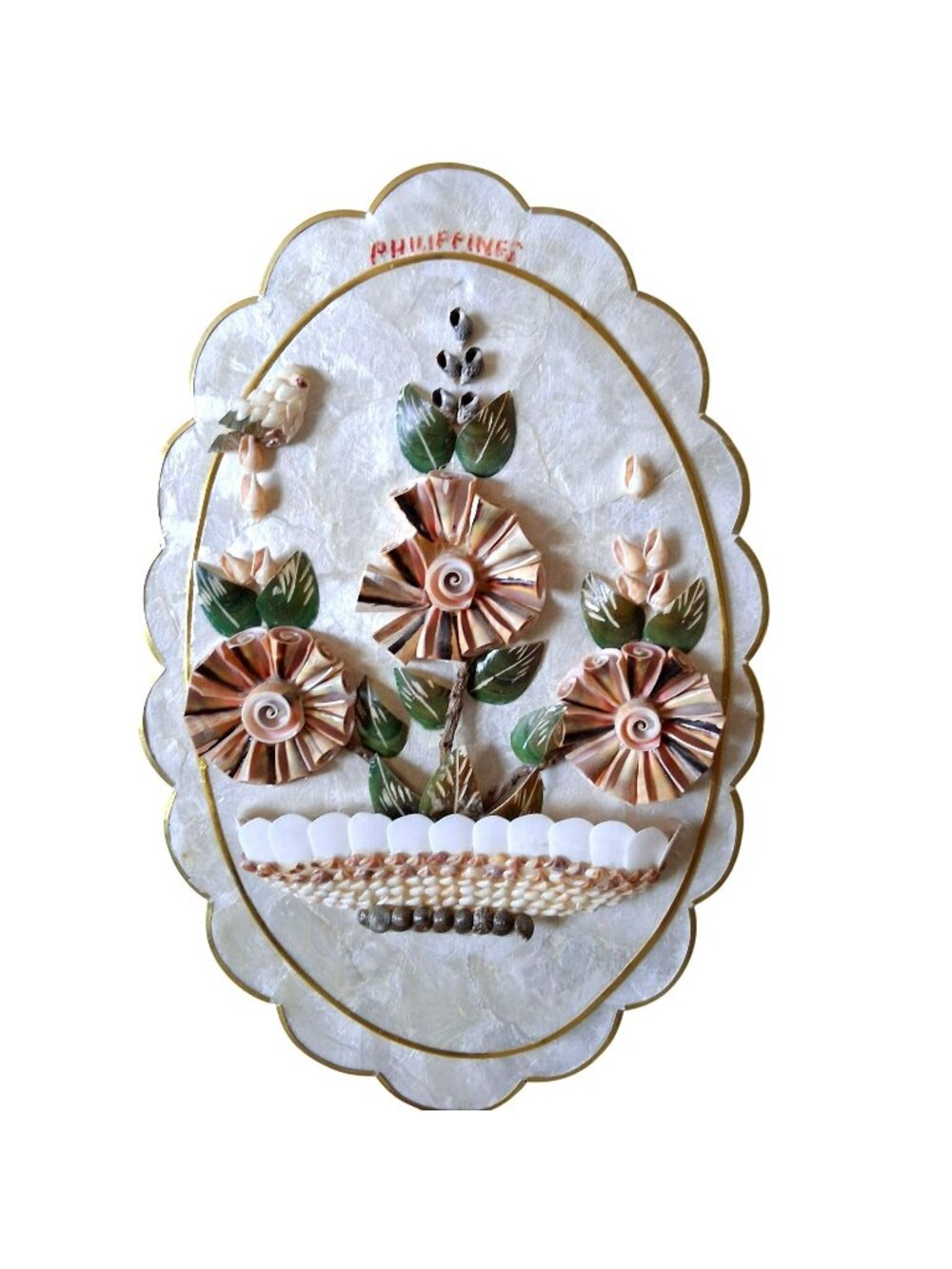 Philippines Capiz Shell Floral Wall Art Plaque Carved Bird Flowers Scalloped